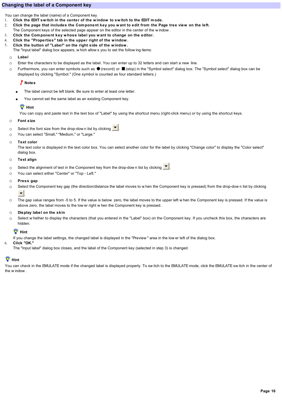 Changing the label of a component key, Changing the label | Sony RM-NX7000 User Manual | Page 16 / 117