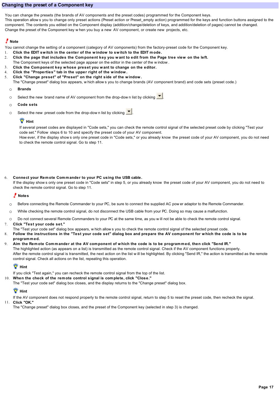 Changing the preset of a component key, Changing the preset | Sony RM-NX7000 User Manual | Page 17 / 117