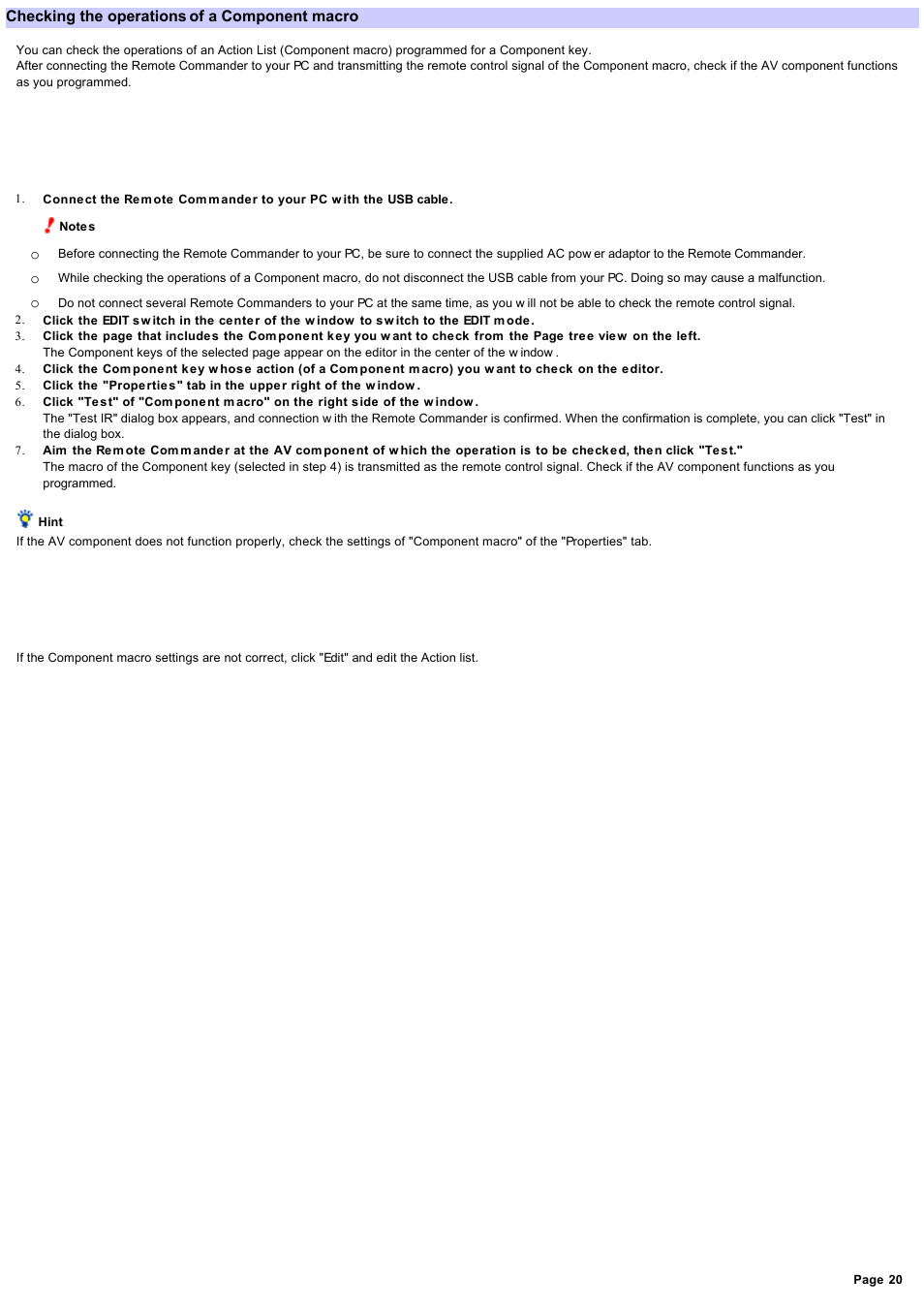 Checking the operations of a component macro | Sony RM-NX7000 User Manual | Page 20 / 117