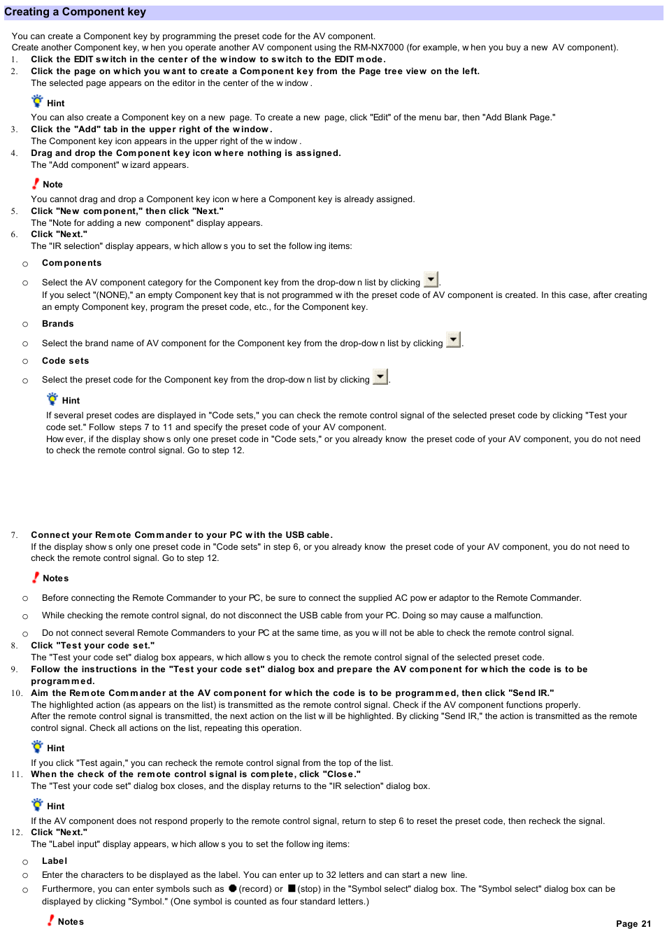 Creating a component key | Sony RM-NX7000 User Manual | Page 21 / 117