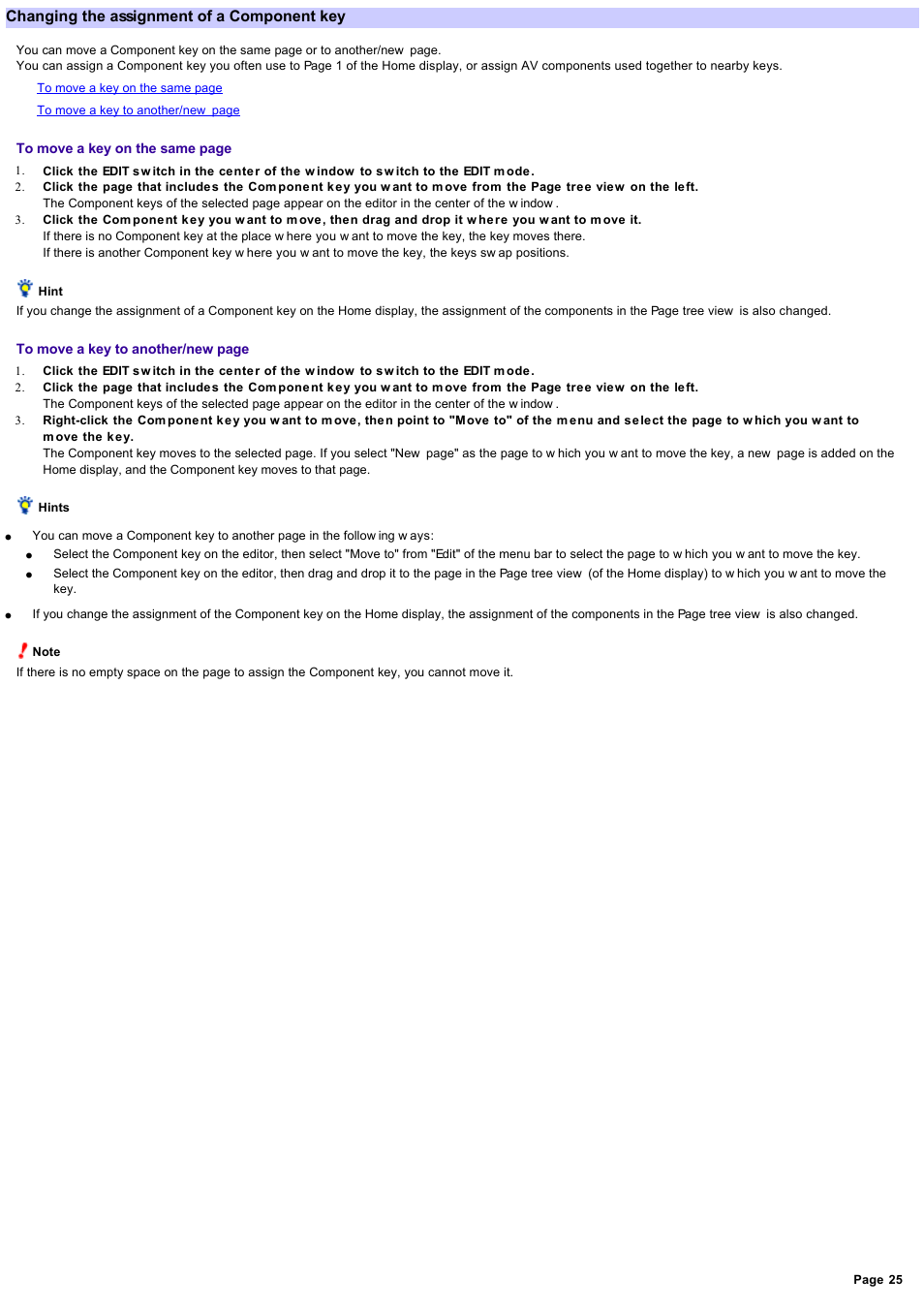 Changing the layout of a component key, Changing the assignment of a component key, Changing the assignment | Sony RM-NX7000 User Manual | Page 25 / 117