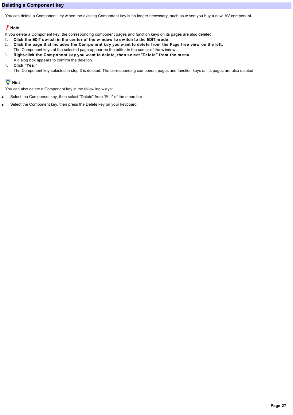 Deleting a component key | Sony RM-NX7000 User Manual | Page 27 / 117