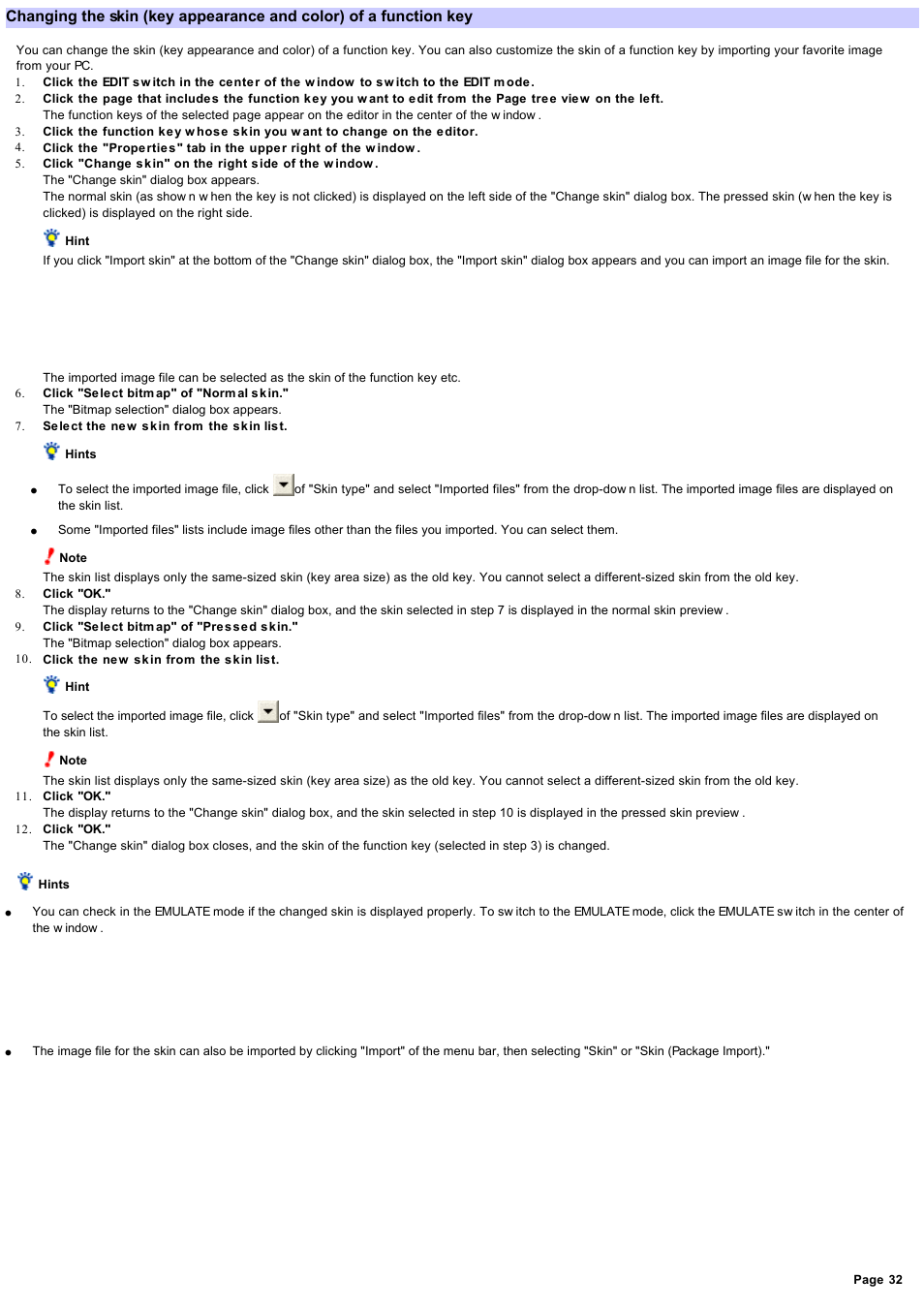 Changing the settings of a function key, Changing the skin (key appearance and color) | Sony RM-NX7000 User Manual | Page 32 / 117