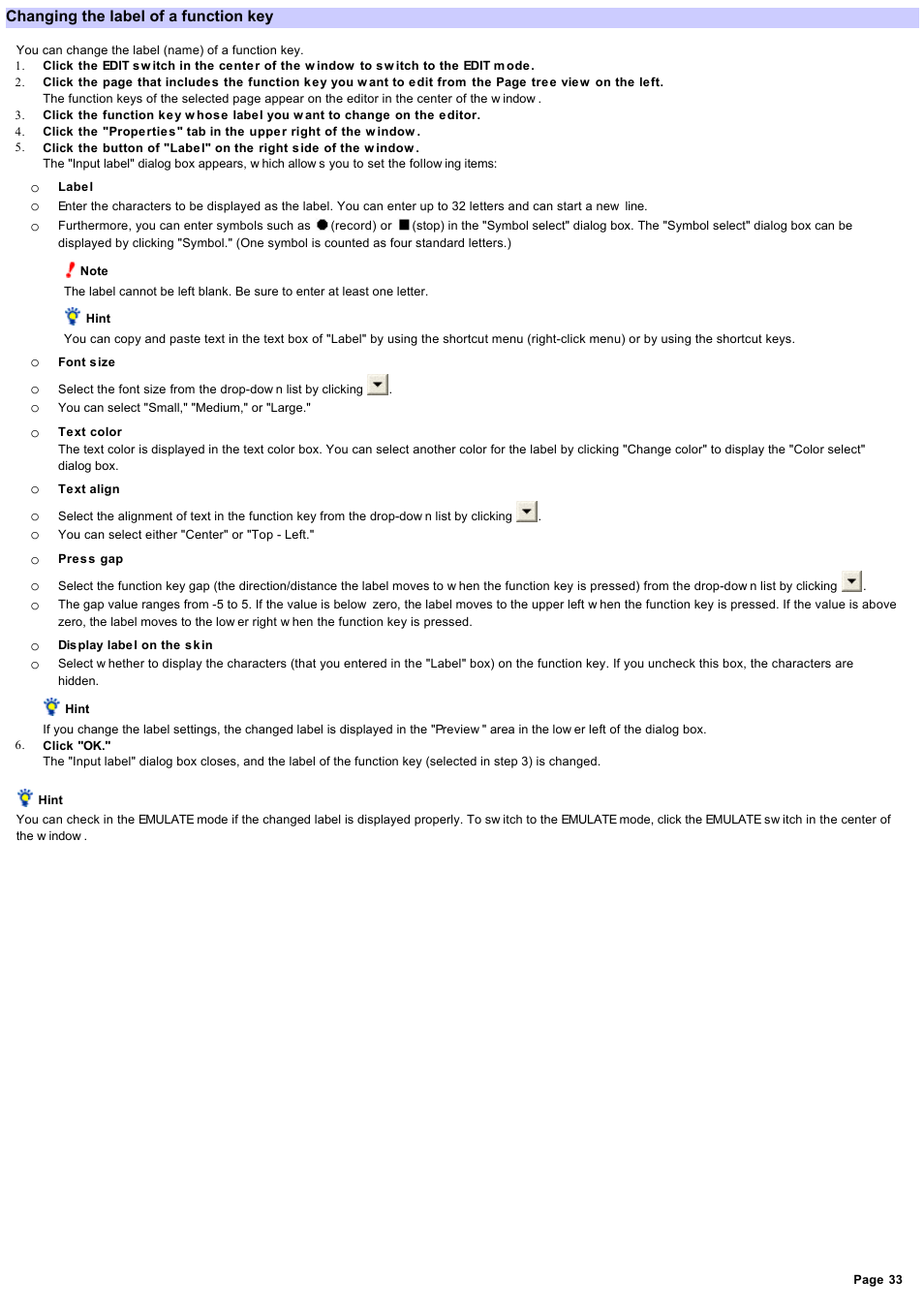 Changing the label of a function key, Changing the label | Sony RM-NX7000 User Manual | Page 33 / 117