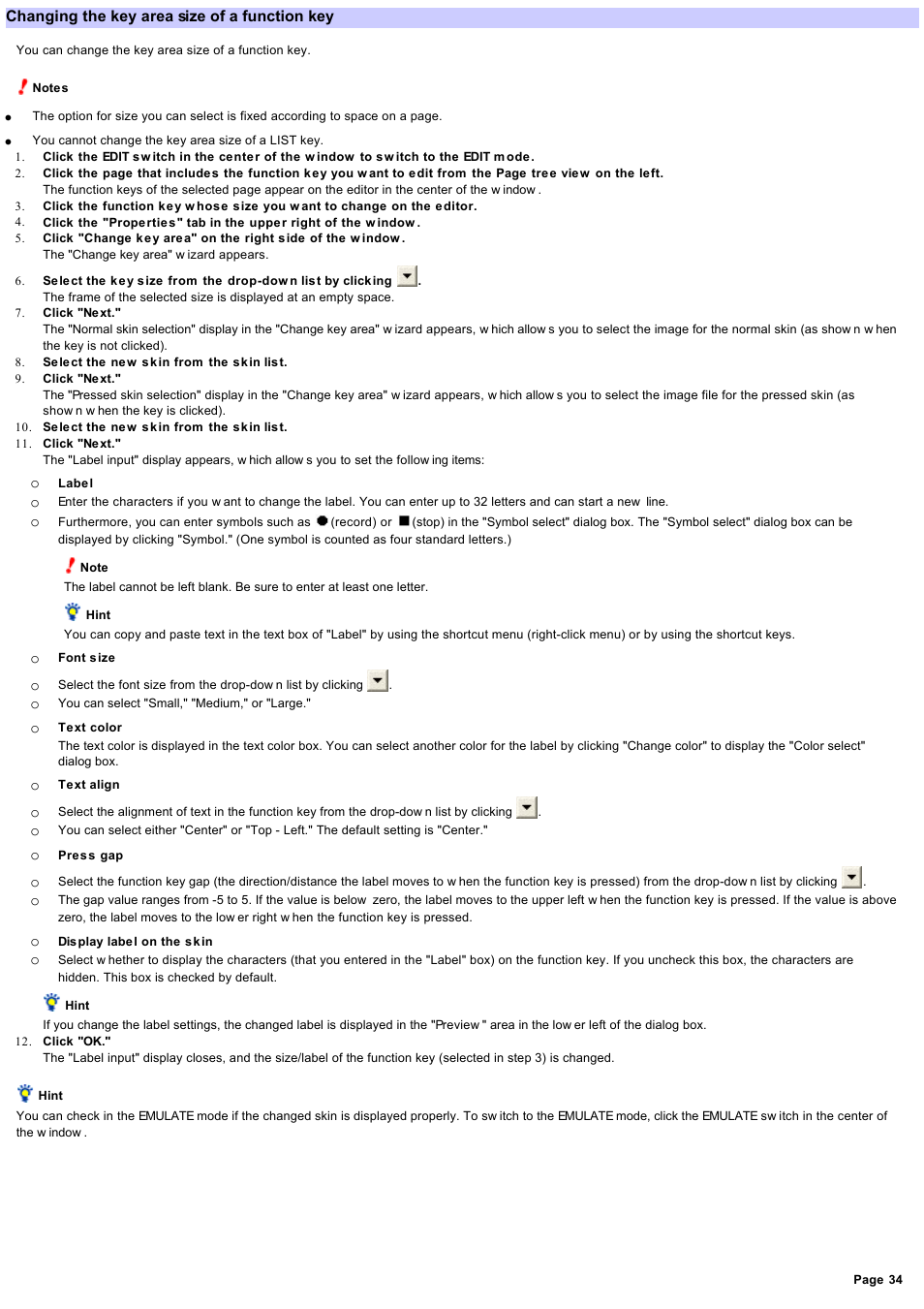 Changing the key area size of a function key, Changing the key area size | Sony RM-NX7000 User Manual | Page 34 / 117