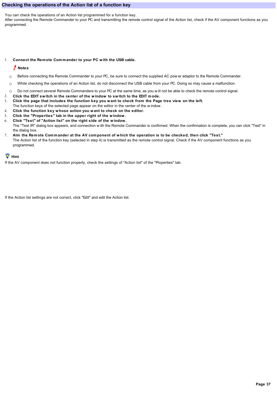 Checking the operations of the action list | Sony RM-NX7000 User Manual | Page 37 / 117
