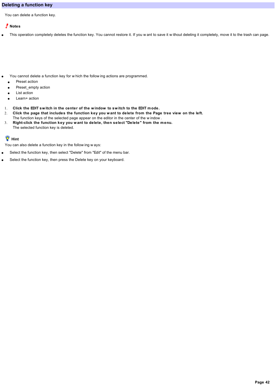 Deleting a function key | Sony RM-NX7000 User Manual | Page 42 / 117