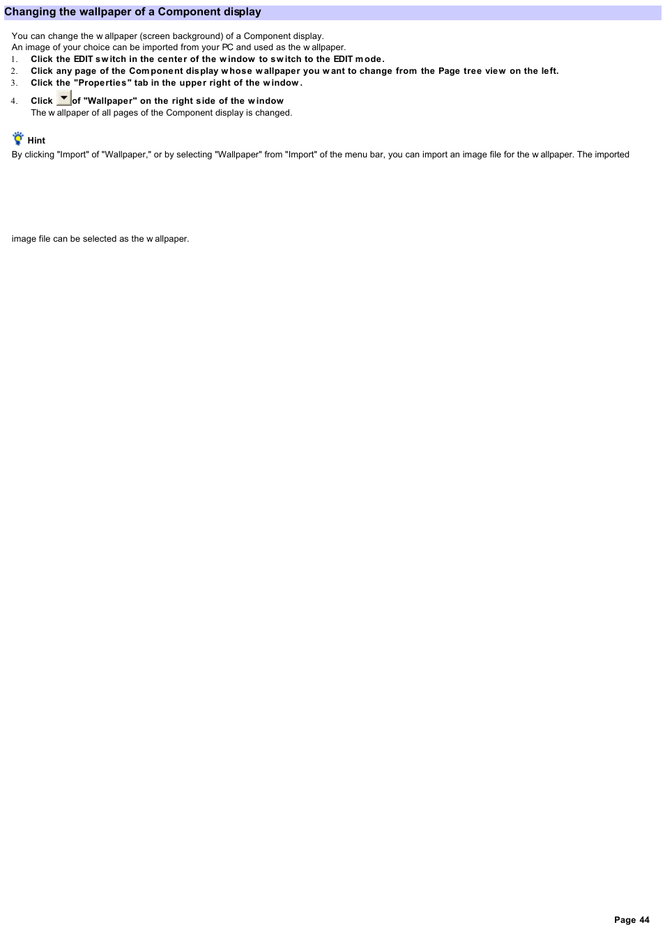 Changing the wallpaper of a component display, Changing the w allpaper | Sony RM-NX7000 User Manual | Page 44 / 117