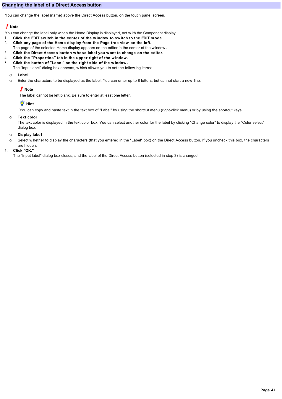 Changing the label of a direct access button, Changing the label | Sony RM-NX7000 User Manual | Page 47 / 117