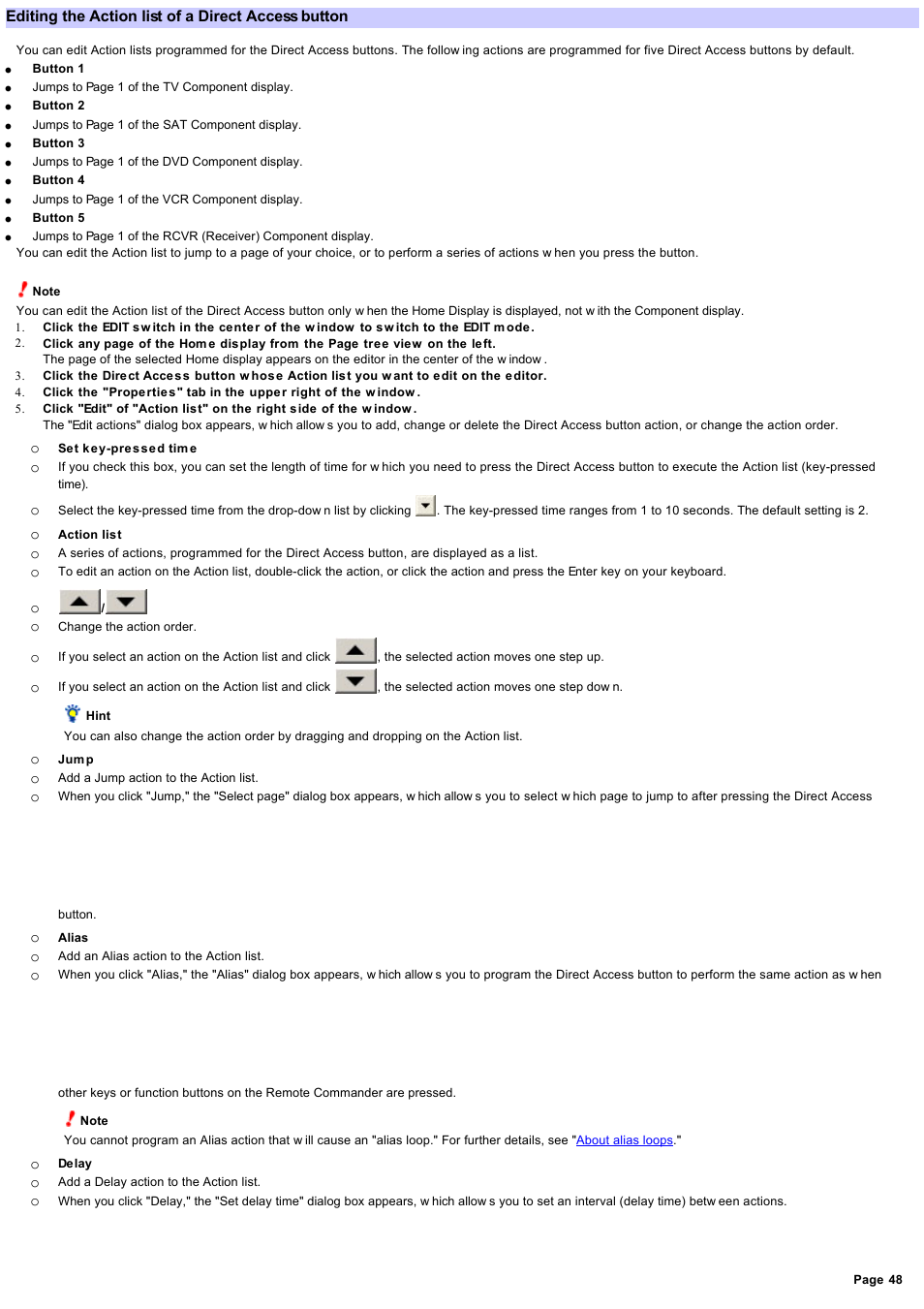 Editing the action list of a function button, Editing the action list of a direct access button, Editing the action list | Sony RM-NX7000 User Manual | Page 48 / 117