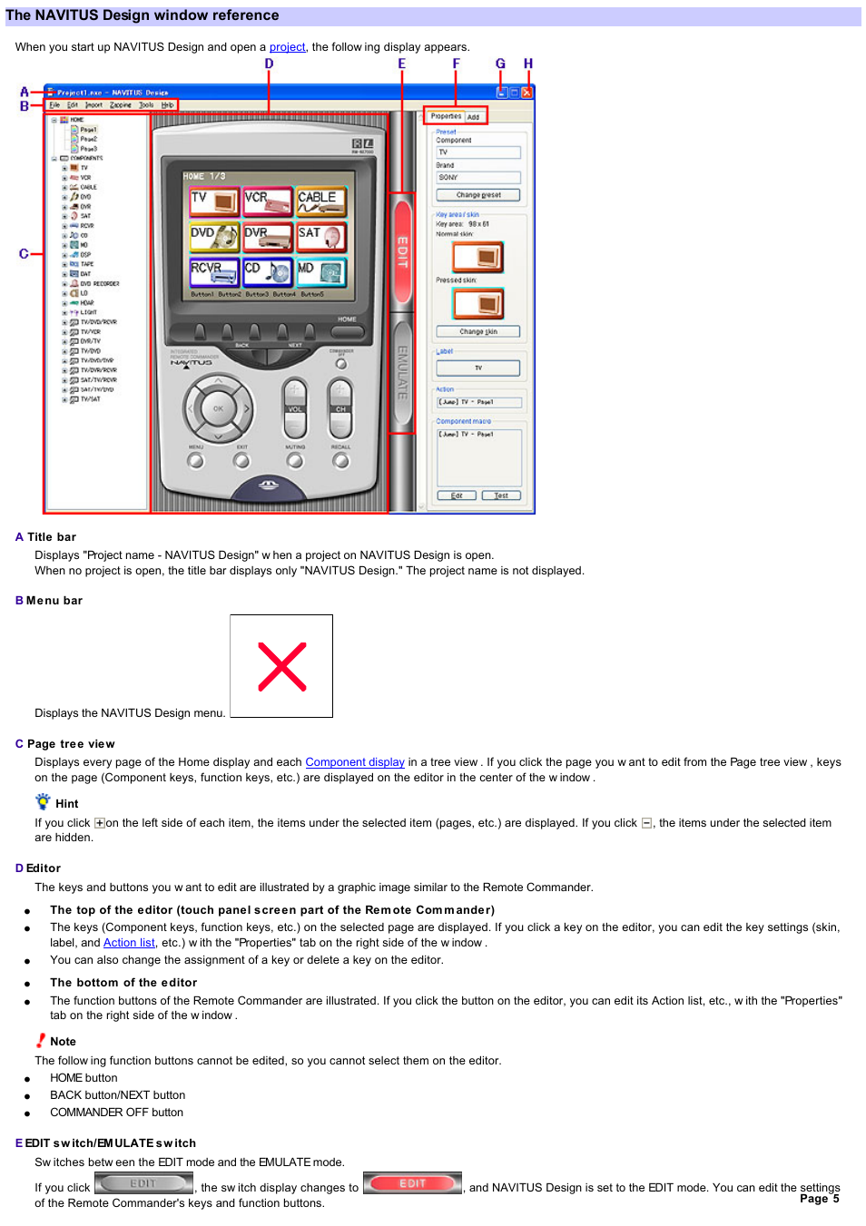 The navitus design window and basic operations, The navitus design window reference | Sony RM-NX7000 User Manual | Page 5 / 117