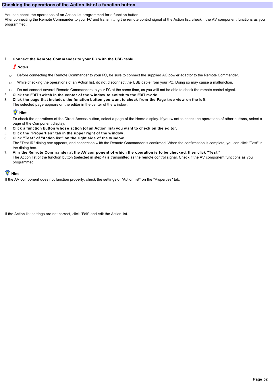 Checking the operations of the action list | Sony RM-NX7000 User Manual | Page 52 / 117