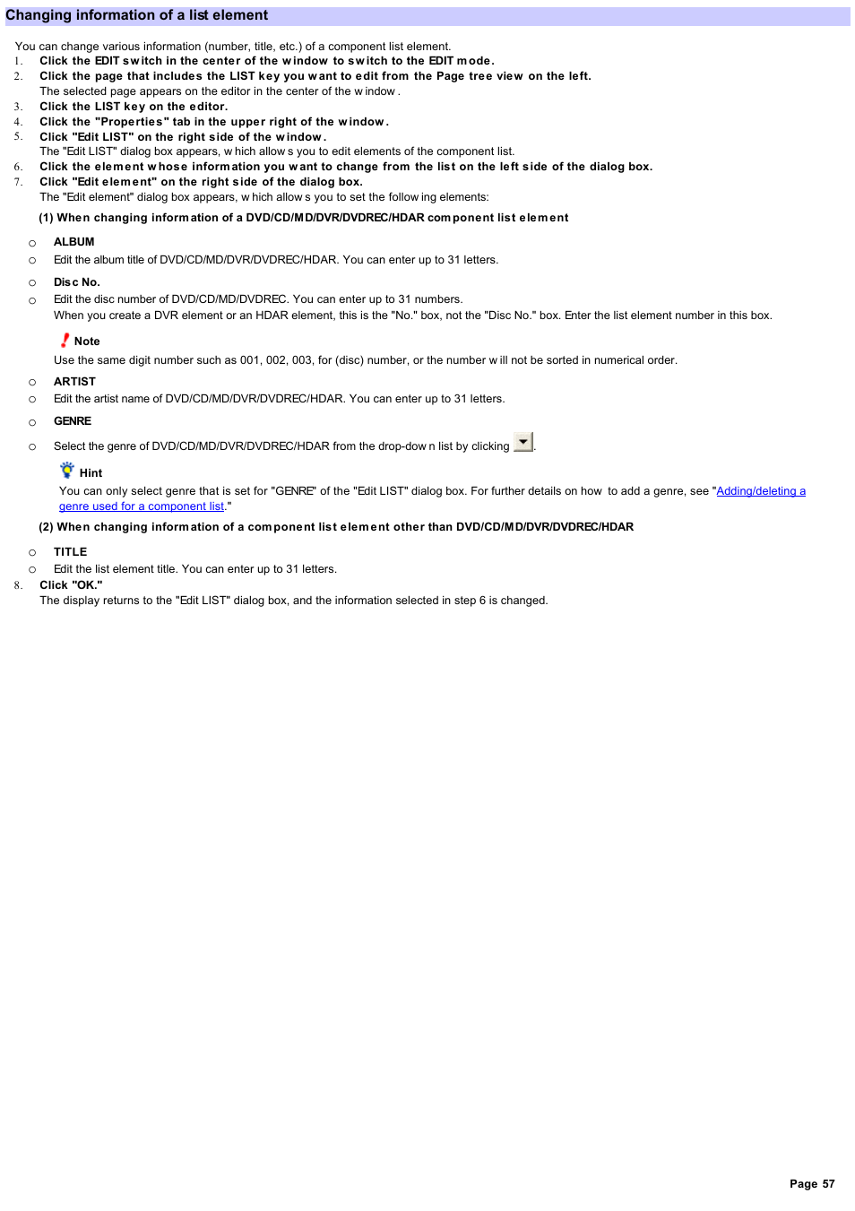 Editing a component list element, Changing information of a list element, Changing information | Sony RM-NX7000 User Manual | Page 57 / 117