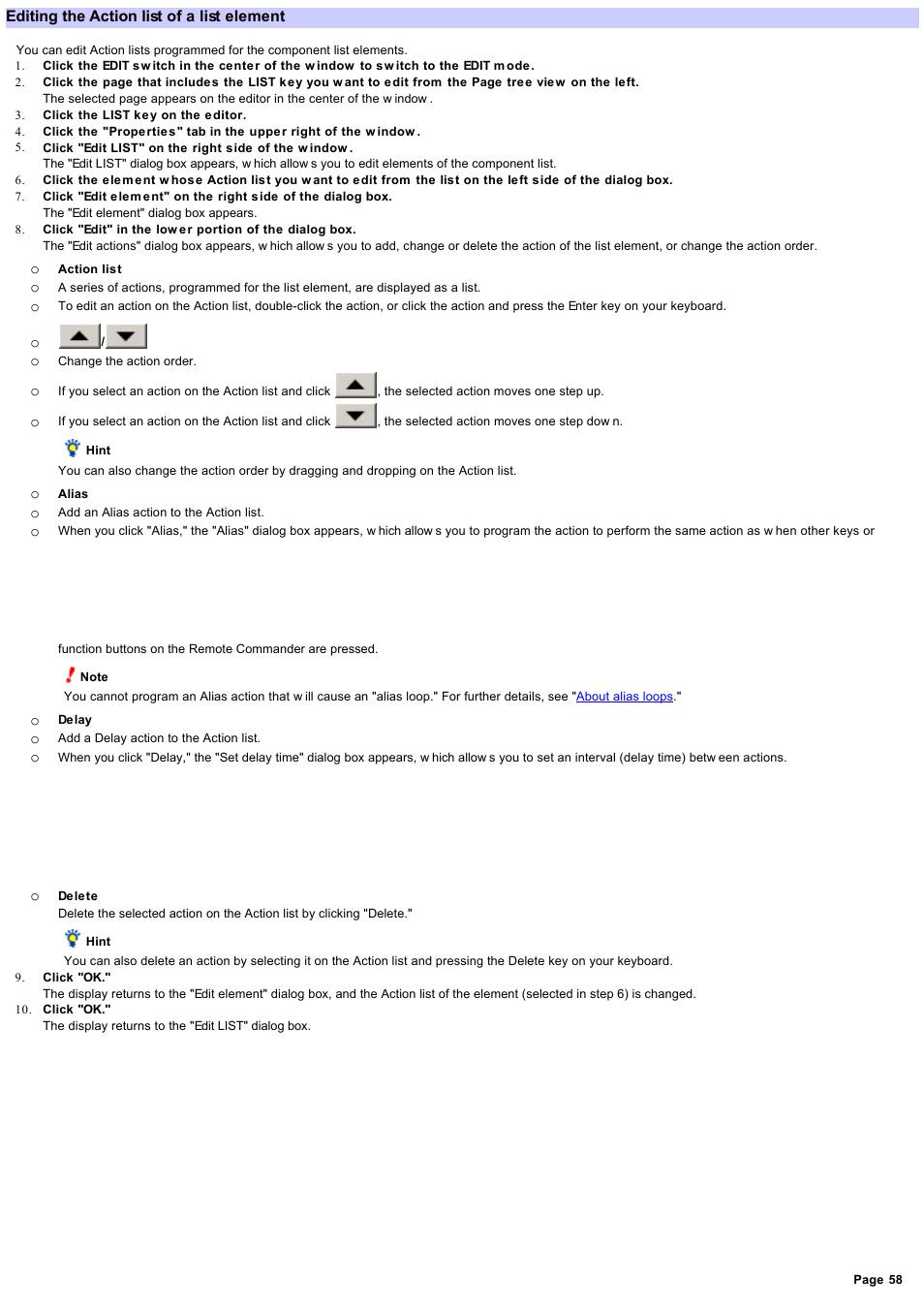 Editing the action list of a list element, Editing the action list | Sony RM-NX7000 User Manual | Page 58 / 117
