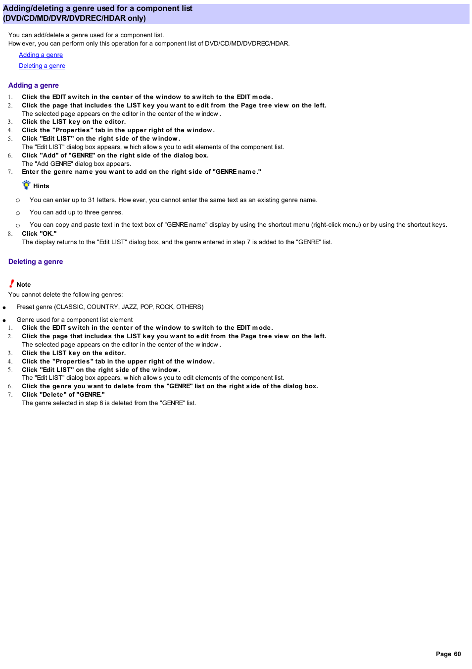 Adding/deleting a, Genre used for a component list | Sony RM-NX7000 User Manual | Page 60 / 117