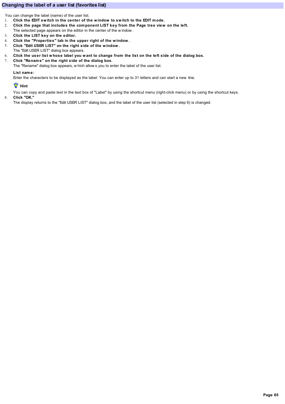 Changing the label of a user list (favorites list), Changing the label | Sony RM-NX7000 User Manual | Page 65 / 117