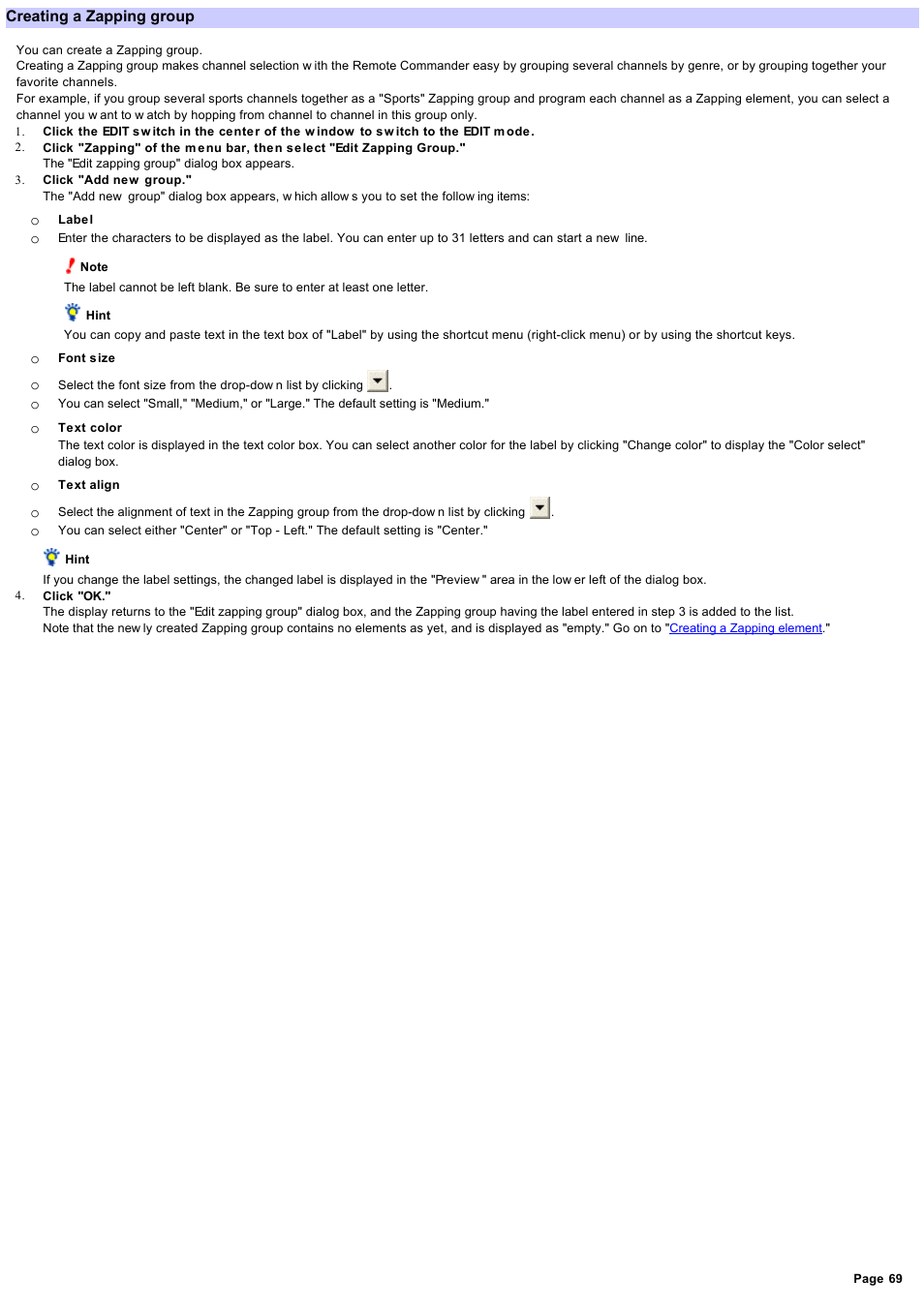 Creating a zapping group | Sony RM-NX7000 User Manual | Page 69 / 117