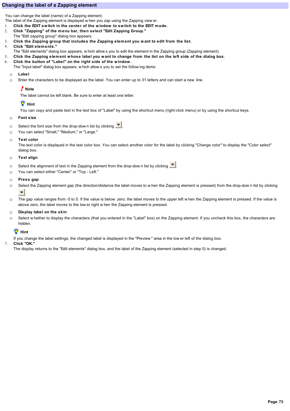 Changing the label of a zapping element, Changing the label | Sony RM-NX7000 User Manual | Page 73 / 117
