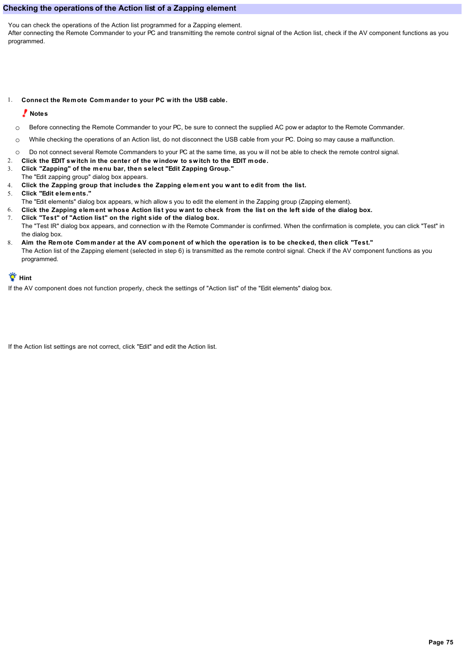 Checking the operations of the action list | Sony RM-NX7000 User Manual | Page 75 / 117