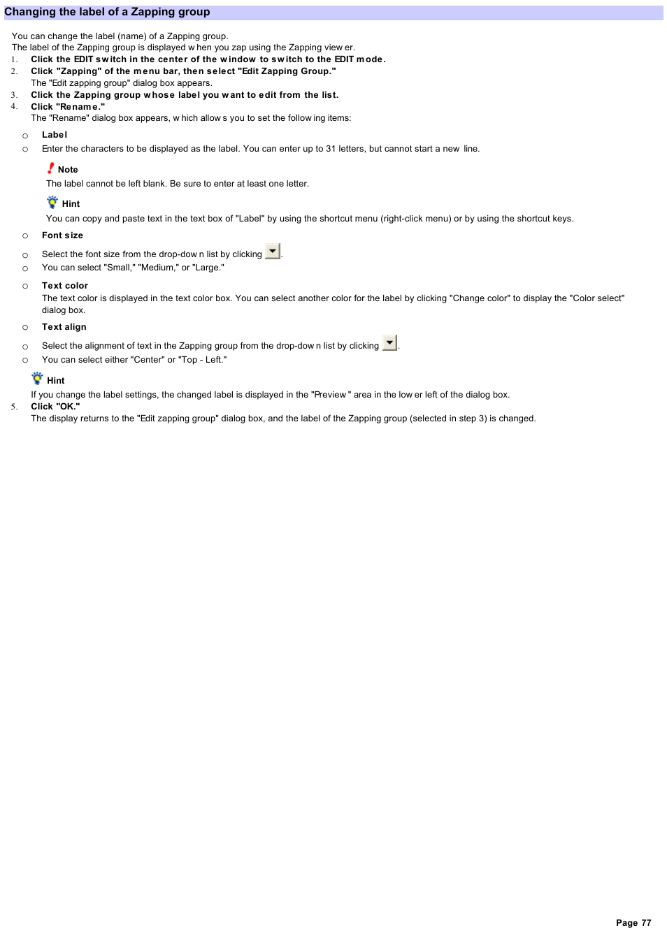 Changing the label of a zapping group, Changing the label | Sony RM-NX7000 User Manual | Page 77 / 117