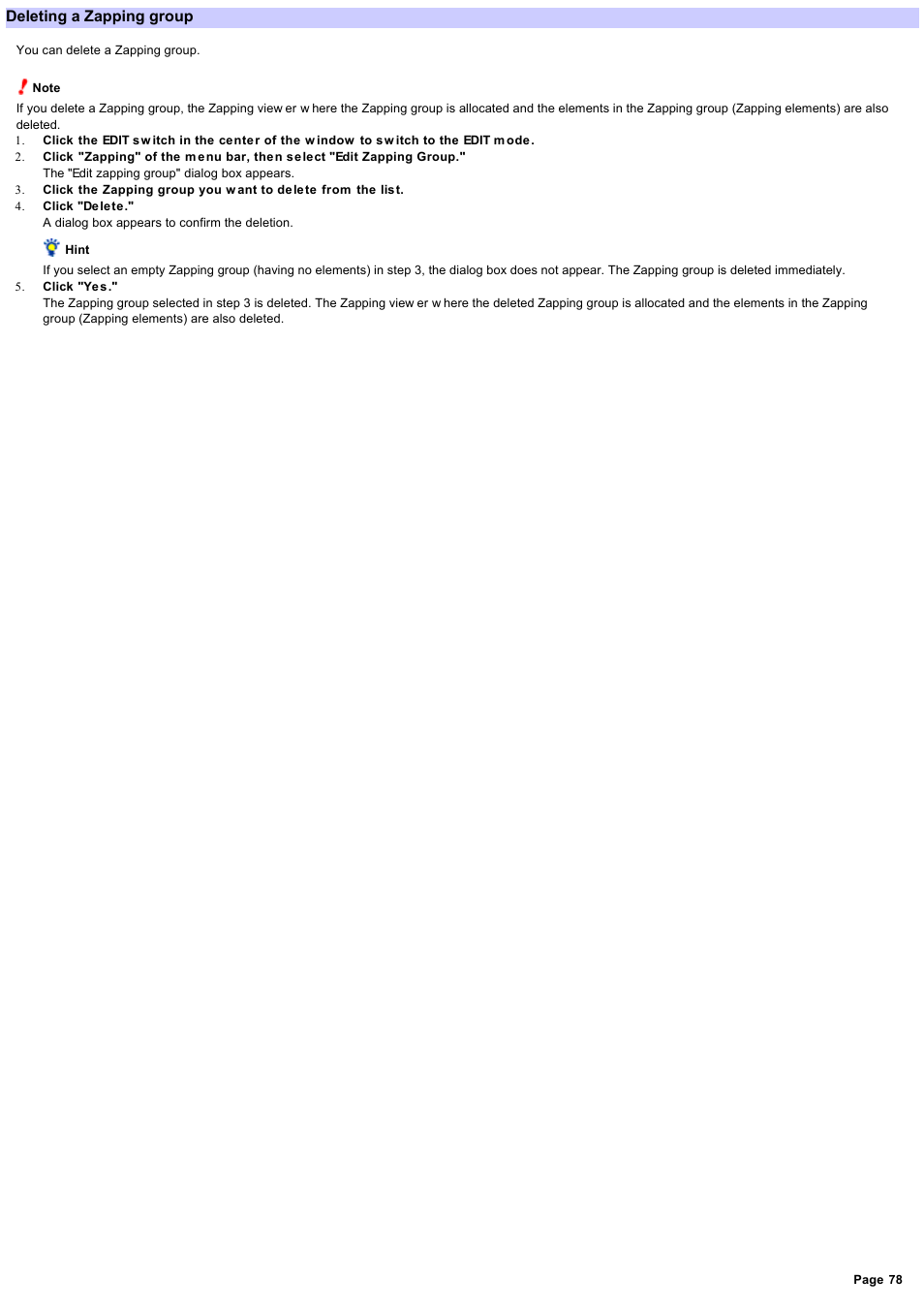 Deleting a zapping group | Sony RM-NX7000 User Manual | Page 78 / 117