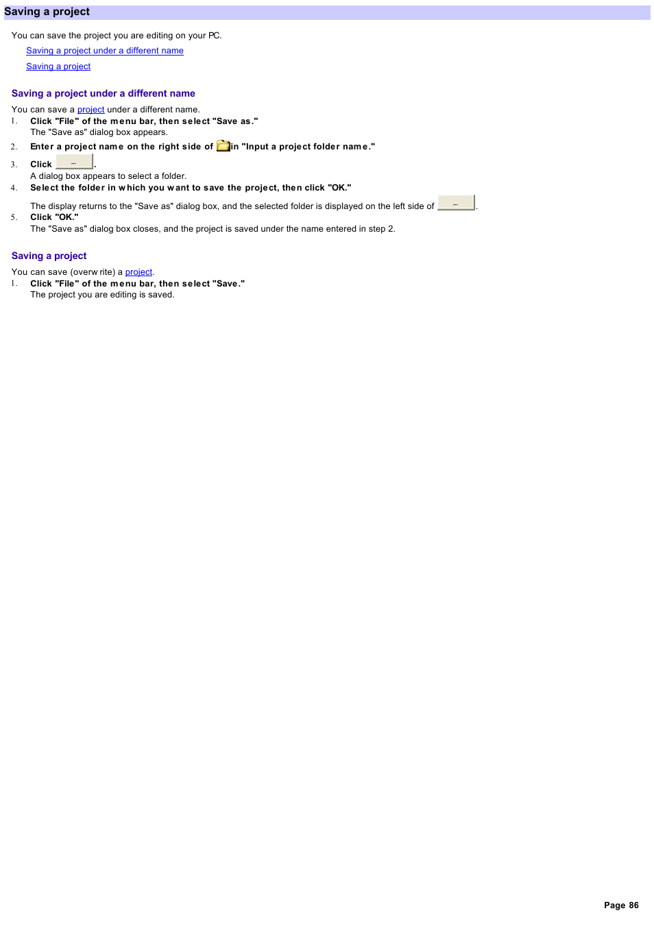 Saving a project | Sony RM-NX7000 User Manual | Page 86 / 117
