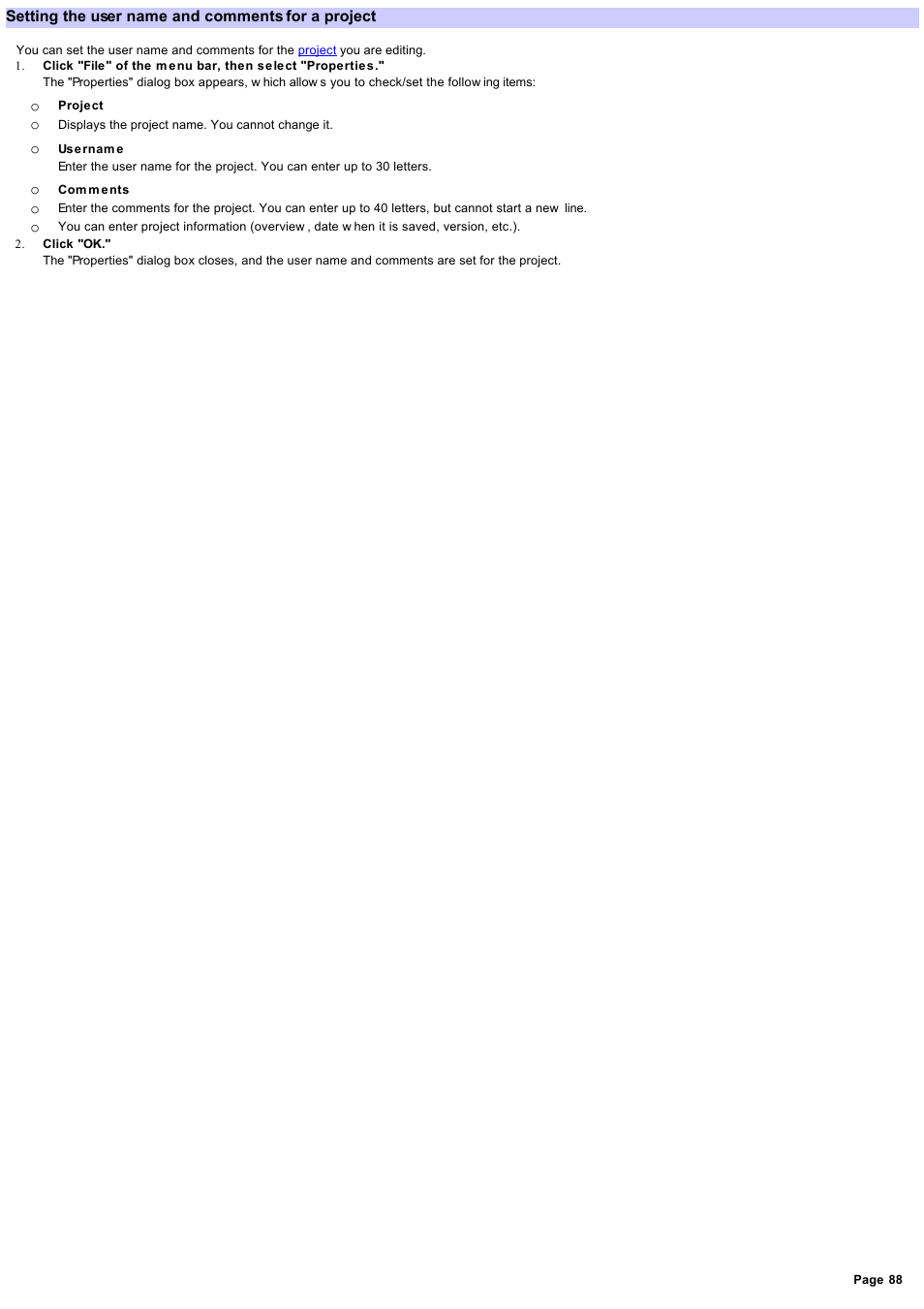 Setting the user name and comments for a project | Sony RM-NX7000 User Manual | Page 88 / 117