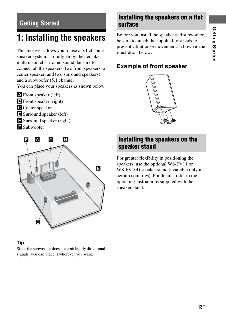 Getting started, Installing the speakers | Sony HT-SS360 User Manual | Page 13 / 60