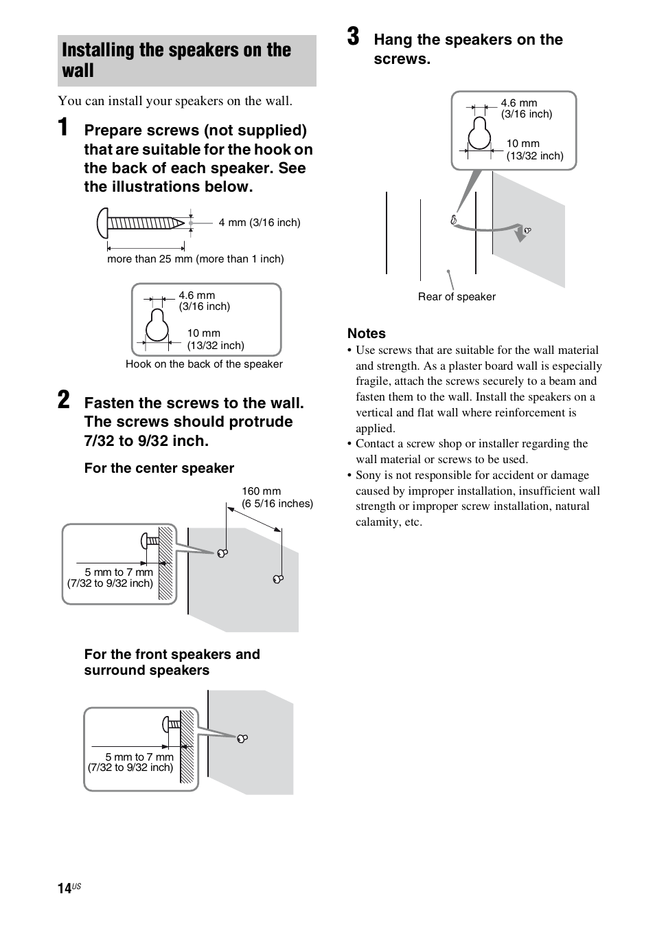 Installing the speakers on the wall, Hang the speakers on the screws | Sony HT-SS360 User Manual | Page 14 / 60