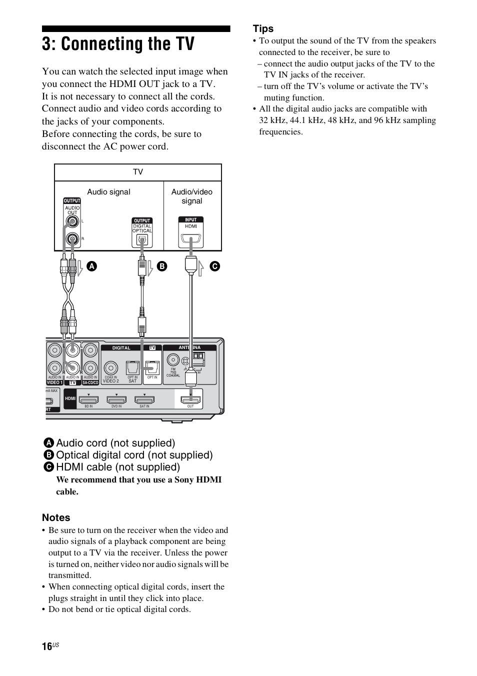 Connecting the tv, Tips | Sony HT-SS360 User Manual | Page 16 / 60