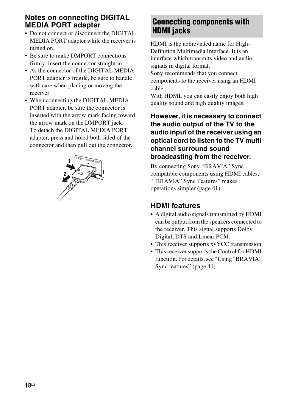 Connecting components with hdmi jacks, Hdmi features | Sony HT-SS360 User Manual | Page 18 / 60