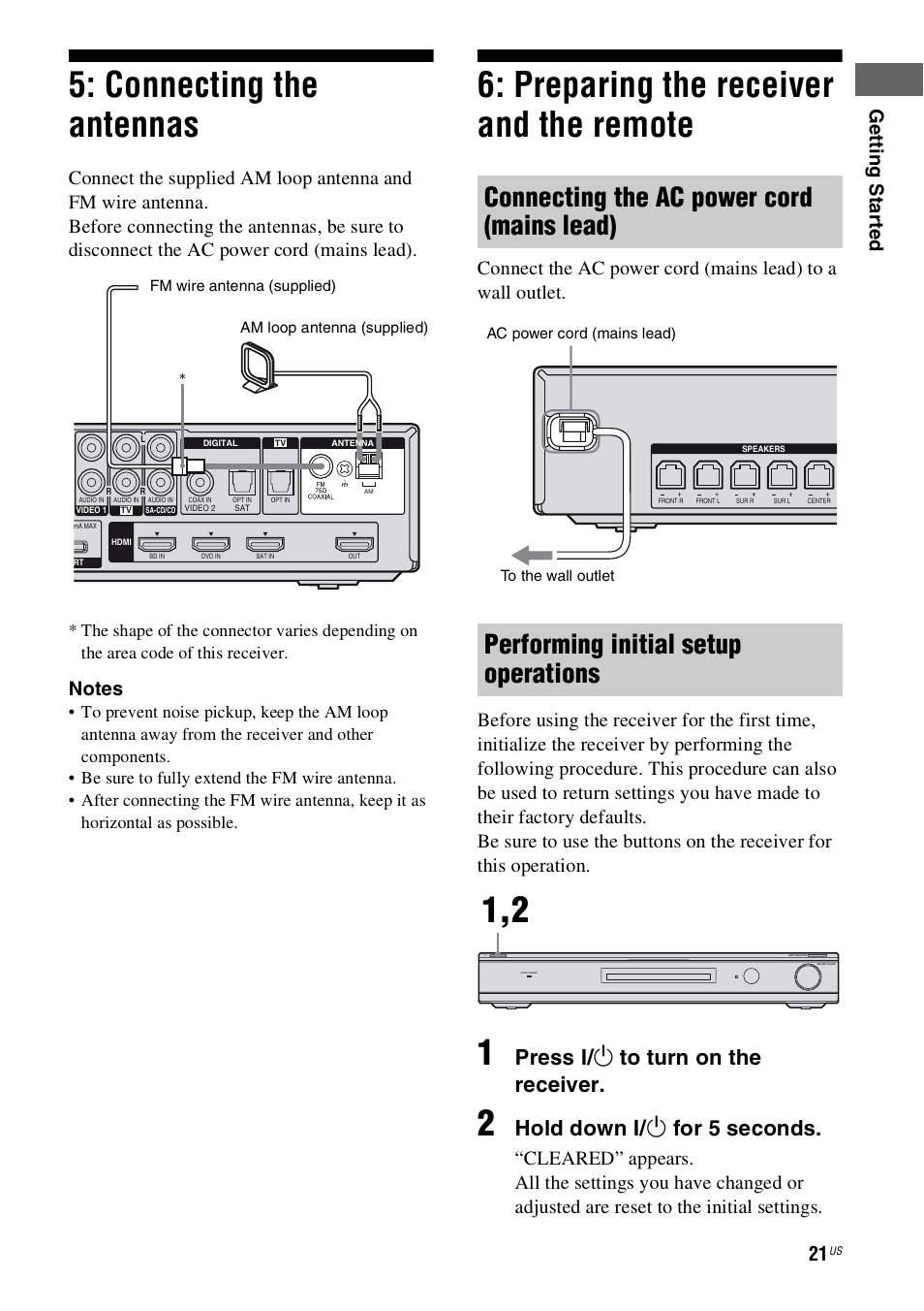 Connecting the antennas, Preparing the receiver and the remote, E 21 | Press ? / 1 to turn on the receiver, Hold down ? / 1 for 5 seconds, Ge tt ing st ar te d | Sony HT-SS360 User Manual | Page 21 / 60