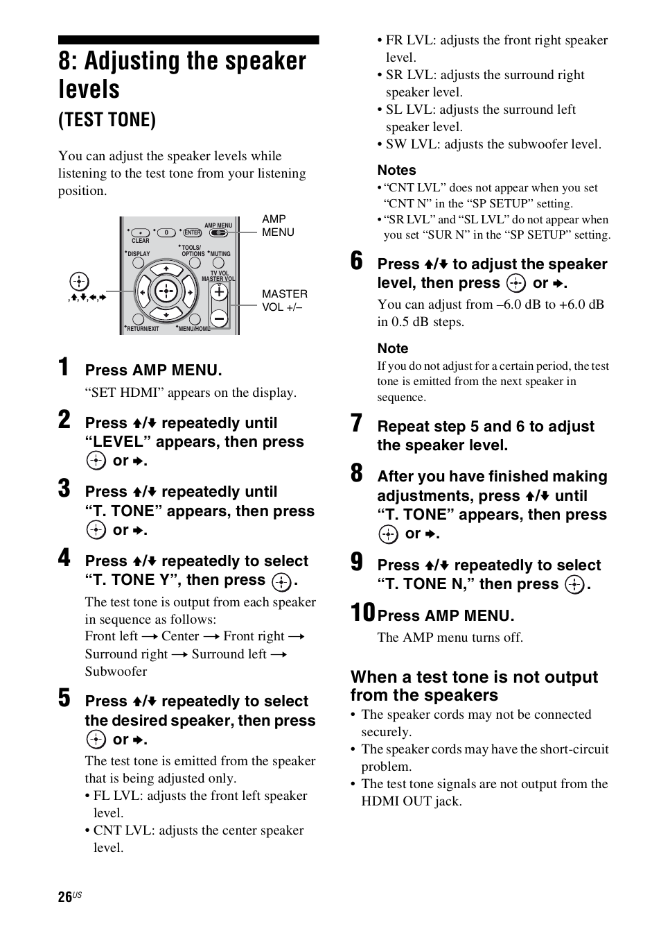Adjusting the speaker levels (test tone), Adjusting the speaker levels, Test tone) | Sony HT-SS360 User Manual | Page 26 / 60