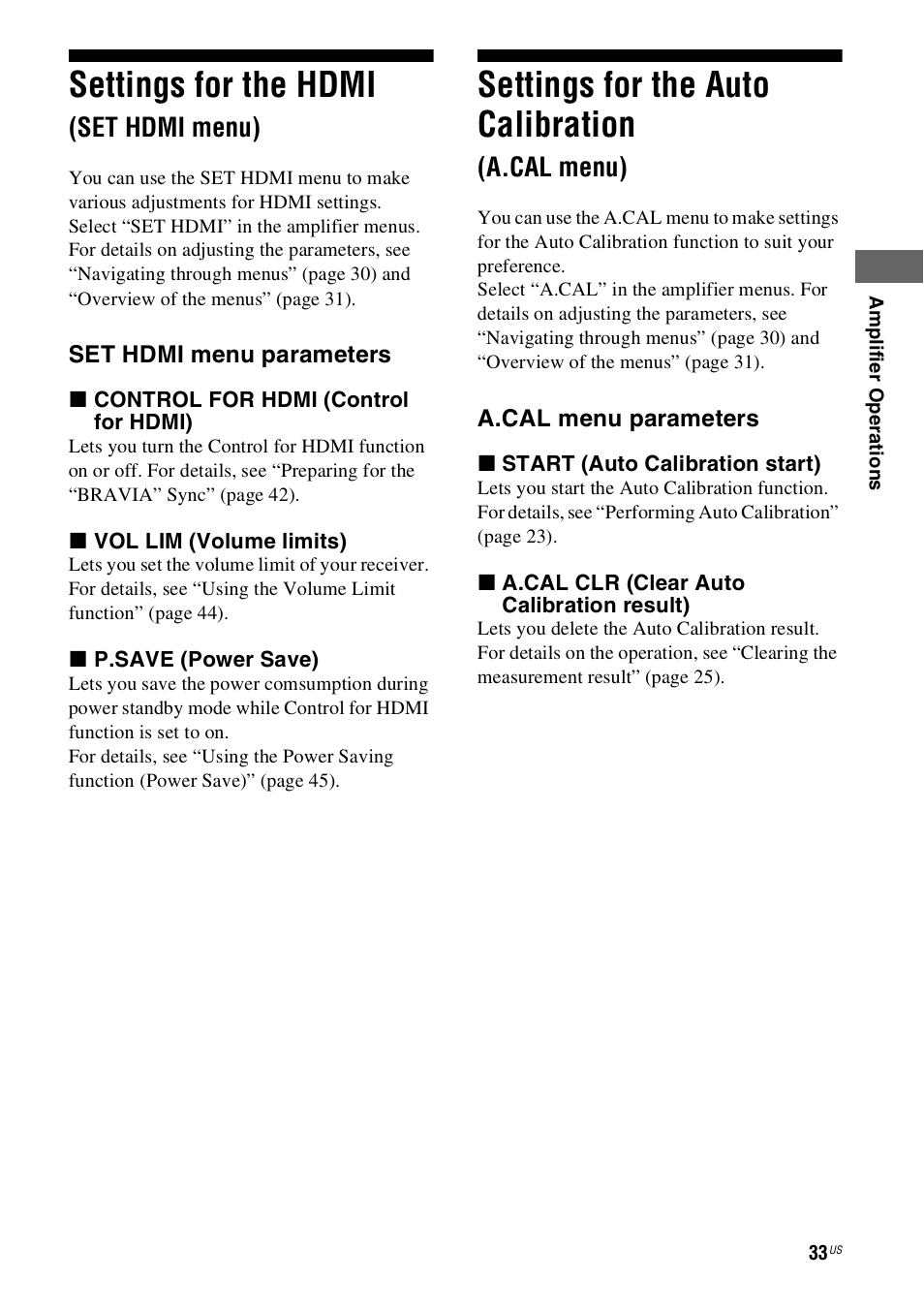 Settings for the hdmi (set hdmi menu), Settings for the auto calibration (a.cal menu), Settings for the hdmi | Set hdmi menu), Settings for the auto calibration, A.cal menu) | Sony HT-SS360 User Manual | Page 33 / 60