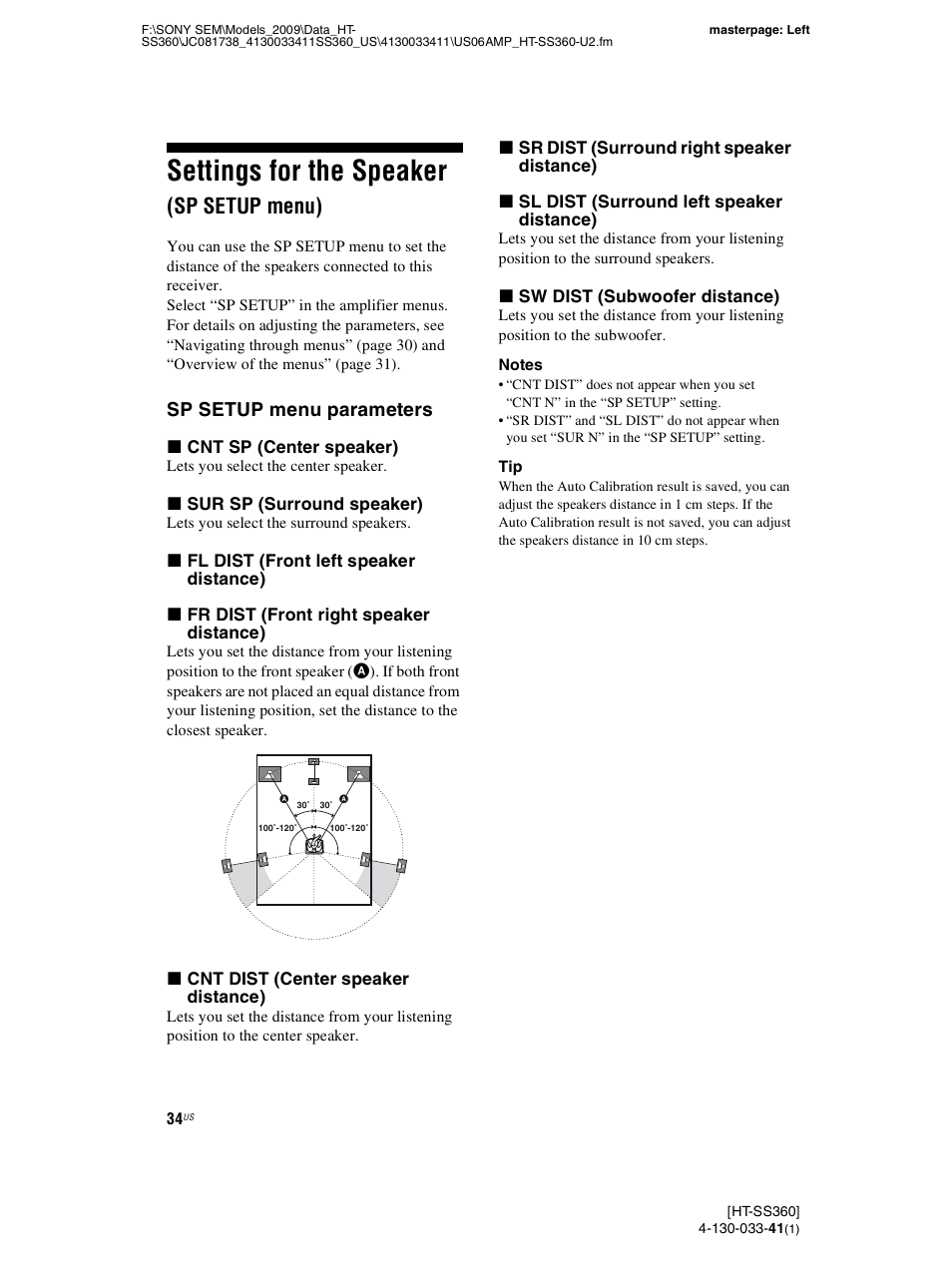 Settings for the speaker (sp setup menu), Settings for the speaker, Sp setup menu) | Sp setup menu parameters | Sony HT-SS360 User Manual | Page 34 / 60