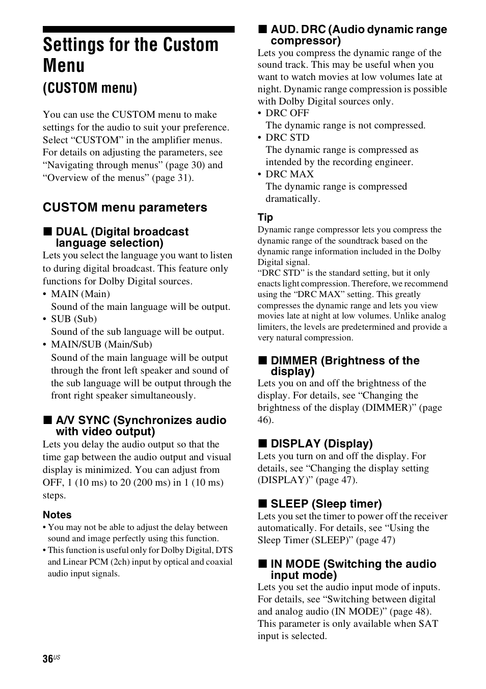 Settings for the custom menu (custom menu), Settings for the custom menu, Custom menu) | Sony HT-SS360 User Manual | Page 36 / 60