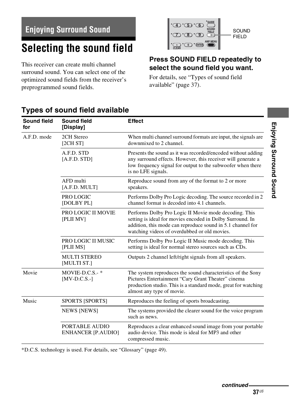 Enjoying surround sound, Selecting the sound field, Types of sound field available | Sony HT-SS360 User Manual | Page 37 / 60