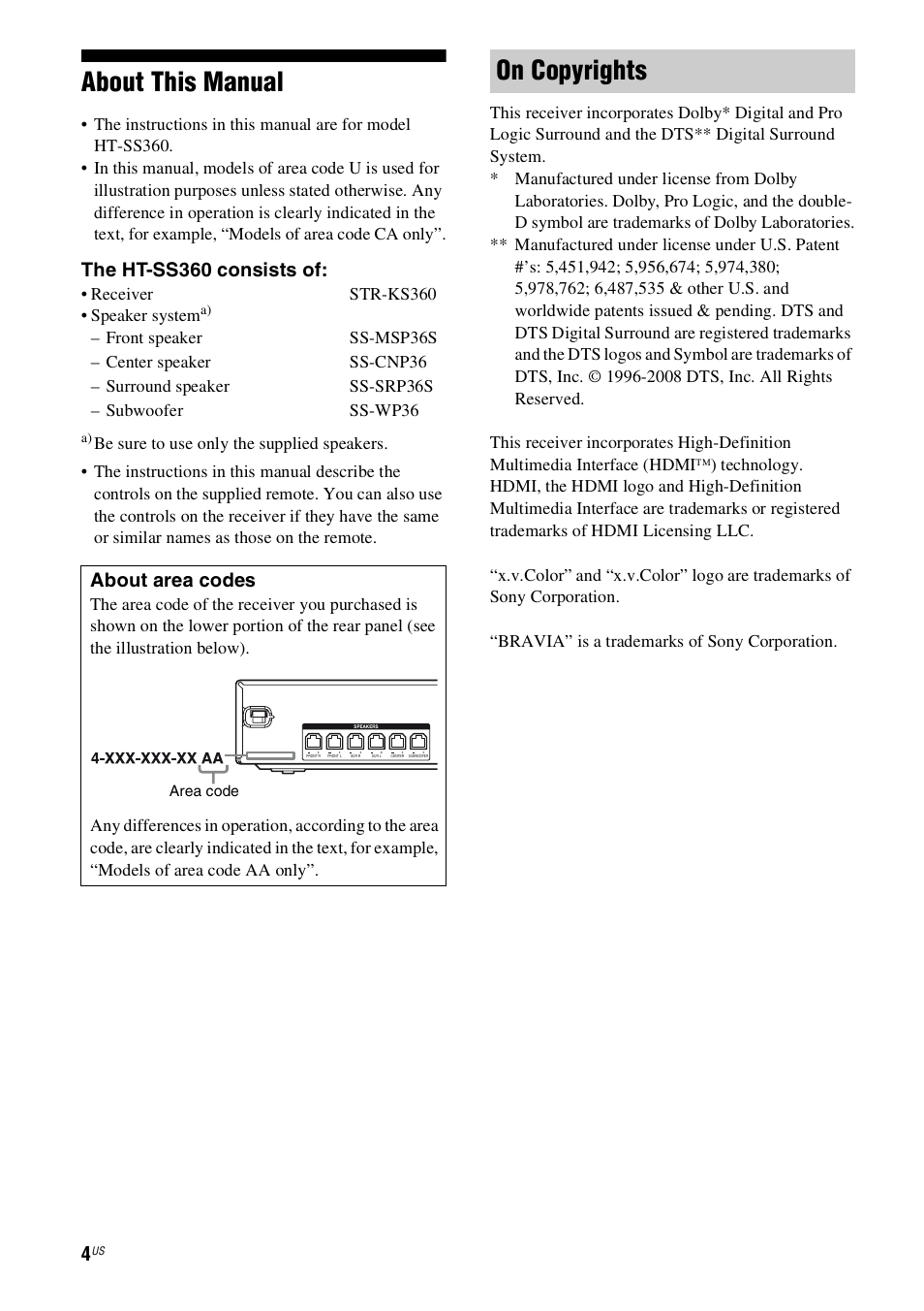 About this manual, On copyrights, The ht-ss360 consists of | About area codes | Sony HT-SS360 User Manual | Page 4 / 60