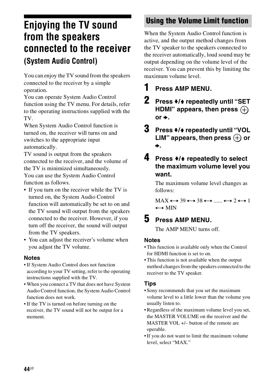 Enjoying the tv sound from the speakers, Connected to the receiver, System audio control) | Using the volume limit function | Sony HT-SS360 User Manual | Page 44 / 60