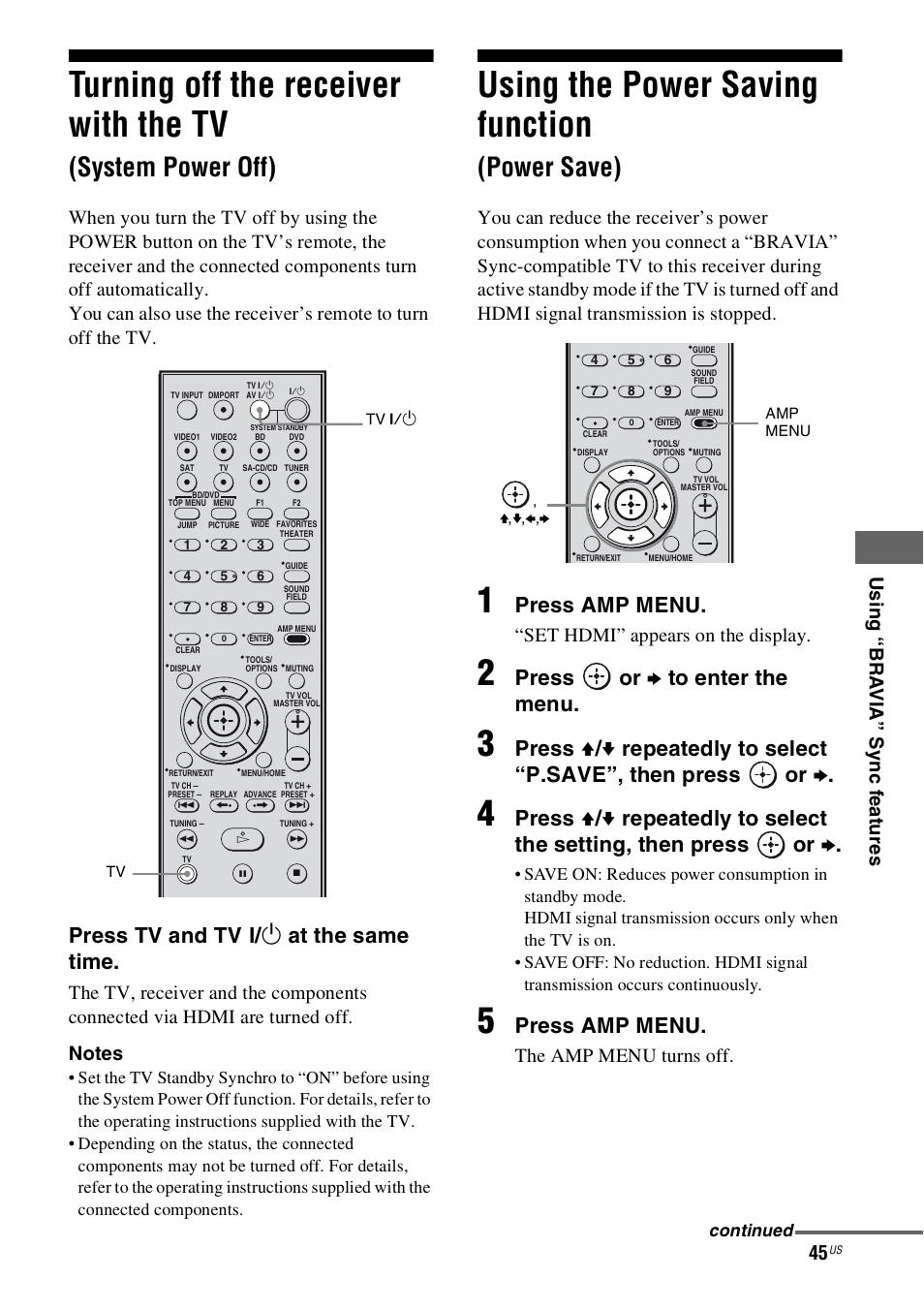 Using the power saving function (power save), Turning off the receiver with the tv, System power off) | Using the power saving function, Power save), Press tv and tv ? / 1 at the same time, Press amp menu, Press, Or b to enter the menu, Or b | Sony HT-SS360 User Manual | Page 45 / 60