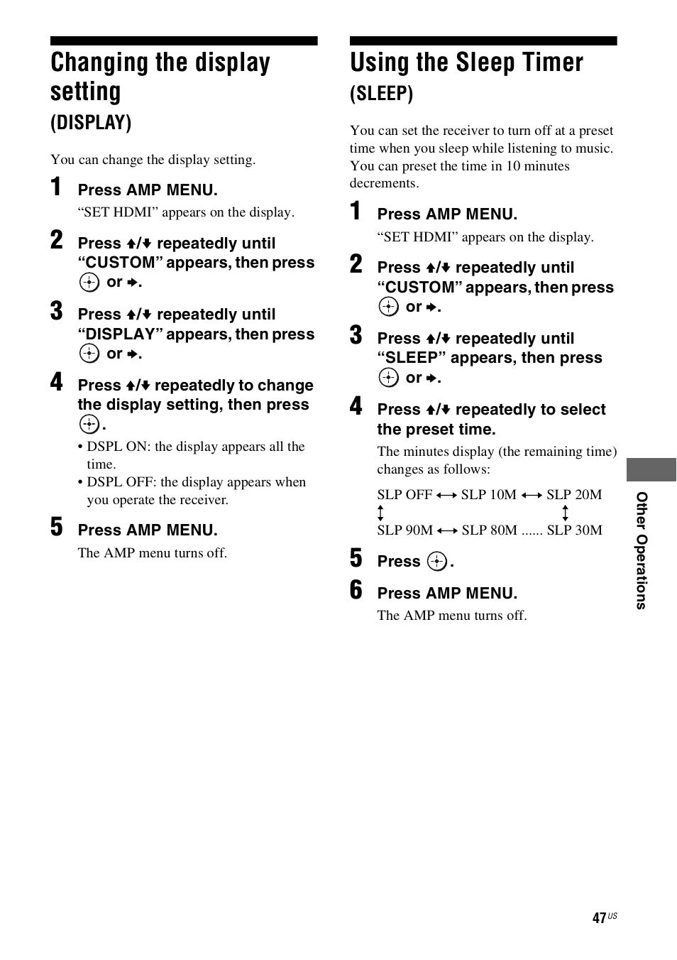 Changing the display setting (display), Using the sleep timer (sleep), Changing the display setting | Using the sleep timer | Sony HT-SS360 User Manual | Page 47 / 60
