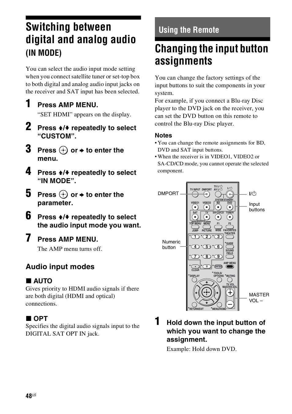 Using the remote, Changing the input button assignments, Switching between digital and analog | Audio (in mode), Switching between digital and analog audio, Audio input modes, Press amp menu, Press v / v repeatedly to select “custom, Press or b to enter the menu, Press v / v repeatedly to select “in mode | Sony HT-SS360 User Manual | Page 48 / 60