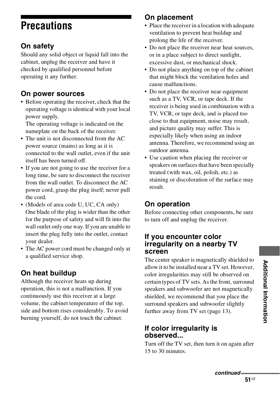 Precautions | Sony HT-SS360 User Manual | Page 51 / 60