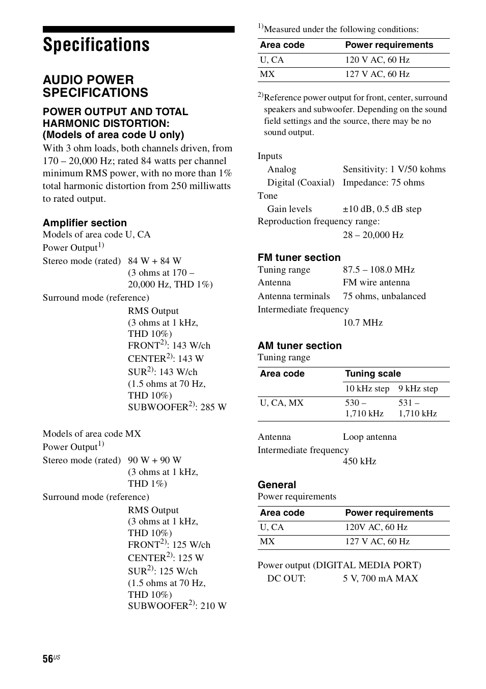 Specifications, Audio power specifications | Sony HT-SS360 User Manual | Page 56 / 60
