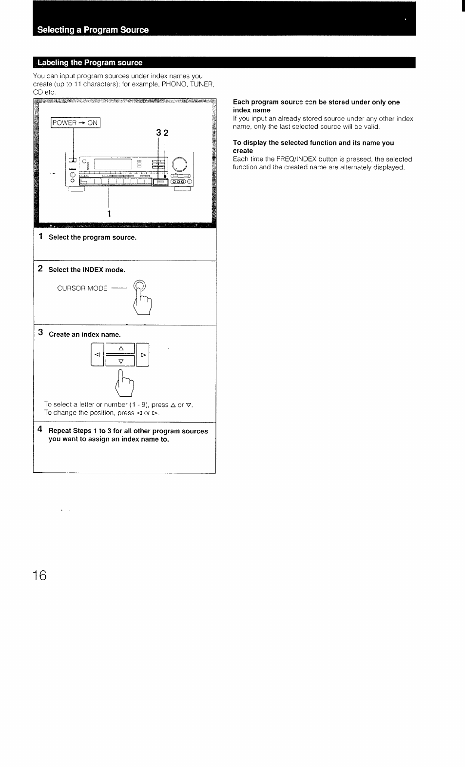 Labeling the program source, 1 select the program source, 2 select the index mode | Create an index name | Sony STR-AV1070X User Manual | Page 16 / 43