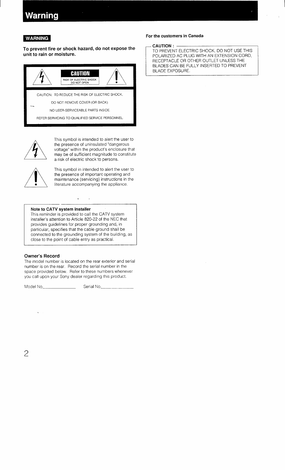 Warning, For the customers in canada, Caution | Note to catv system installer | Sony STR-AV1070X User Manual | Page 2 / 43