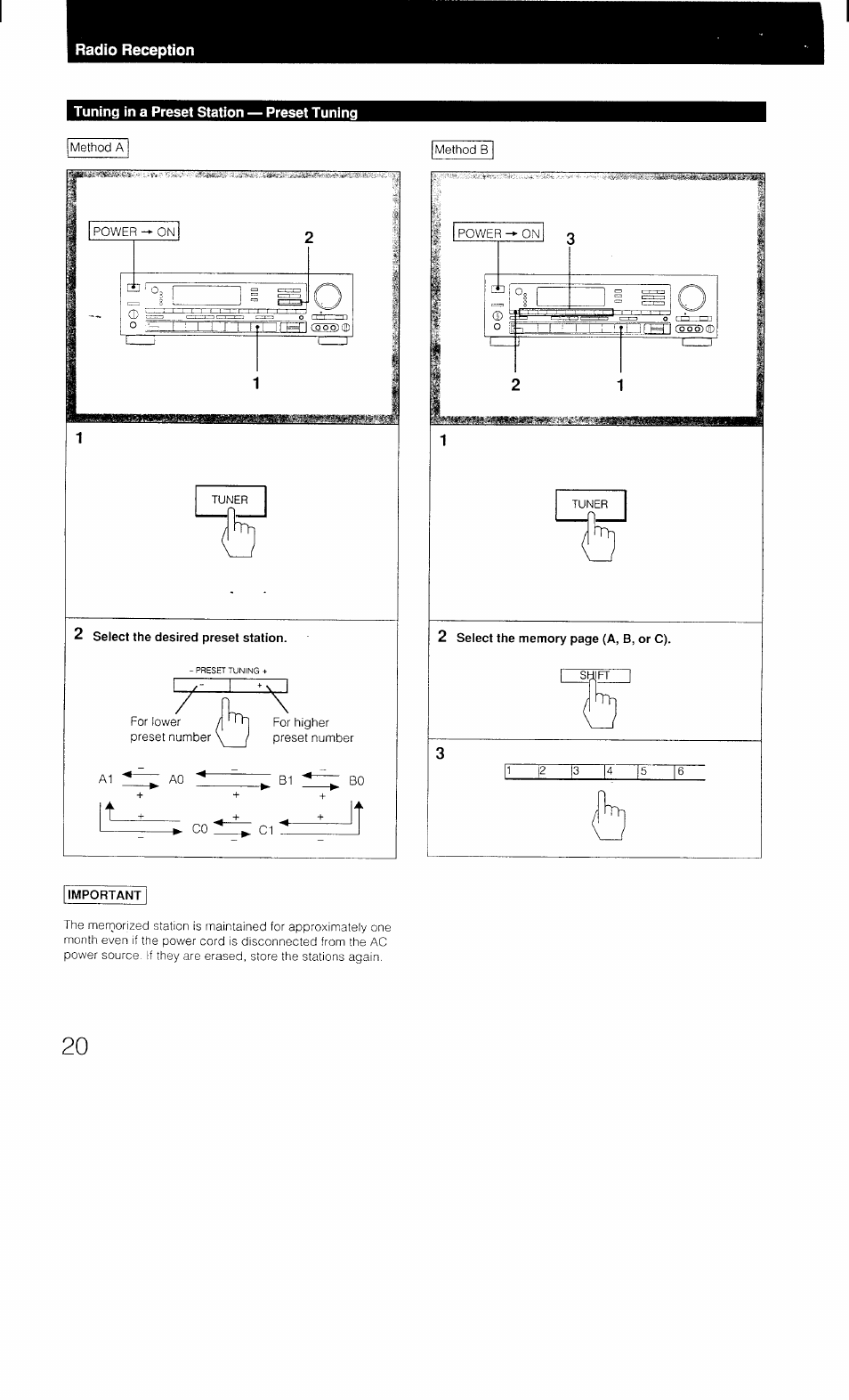 Tuning in a preset station — preset tuning, 2 select the desired preset station, Important | Sony STR-AV1070X User Manual | Page 20 / 43