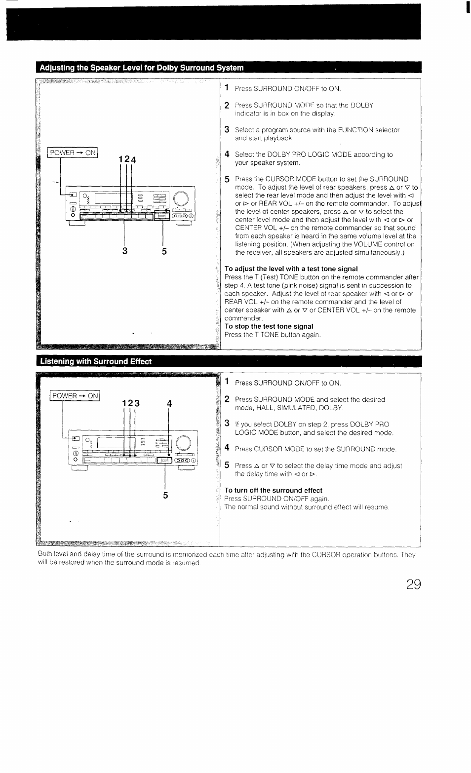 To adjust the level with a test tone signal, Listening with surround effect, To turn off the surround effect | Sony STR-AV1070X User Manual | Page 29 / 43