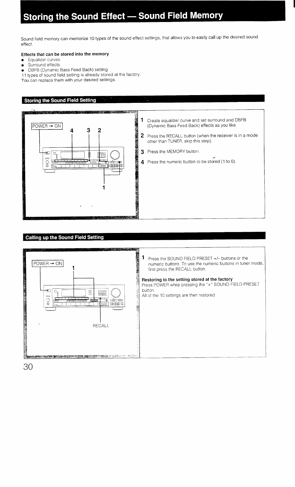 Storing the sound effect — sound field memory, Effects that can be stored into the memory, Storing the sound field setting | Calling up the sound field setting, Storing sound effect — sound field memory | Sony STR-AV1070X User Manual | Page 30 / 43