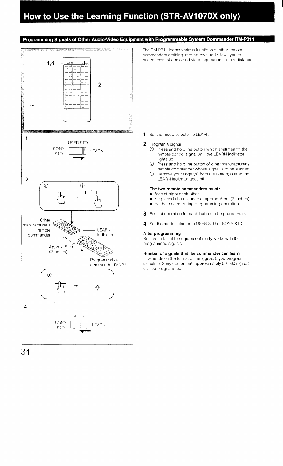 The two remote commanders must, Number of signals that the commander can learn, How to use the tearing funciton (str-av1070x only) | Sony STR-AV1070X User Manual | Page 34 / 43